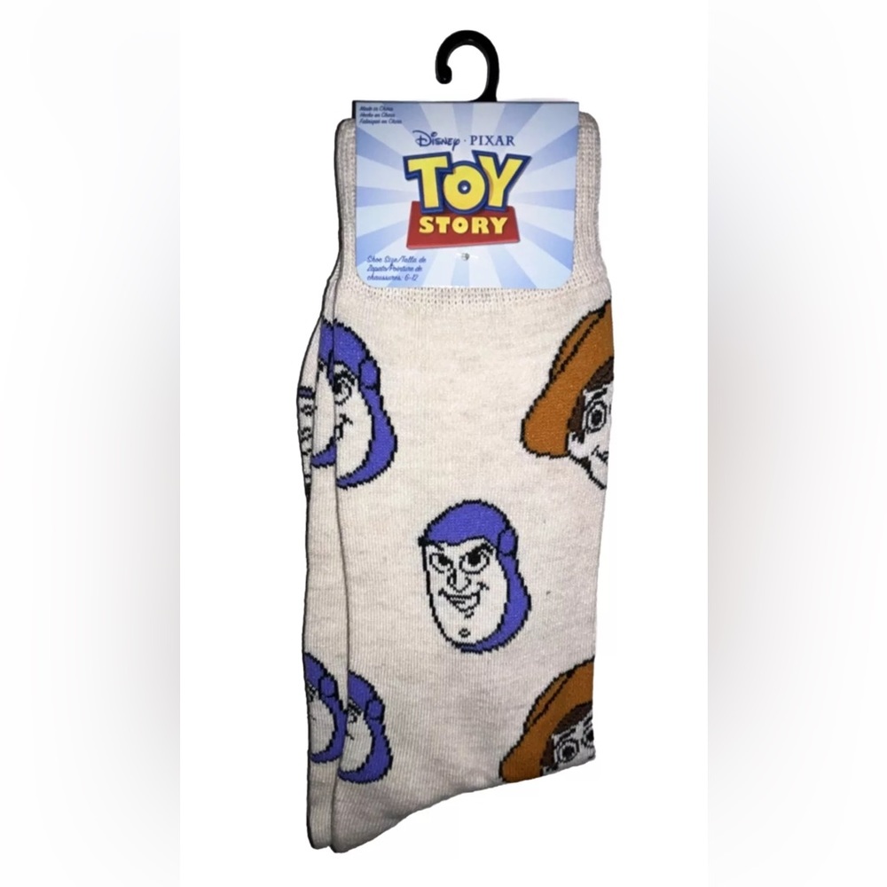Toy Story Buzz Lightyear & Woody Crew Socks 1 Pair Men's 6-12 Off White w/ Faces
